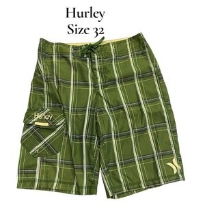 Hurley Mens Size 32 Green Plaid Board Shorts Cargo Pocket Swim Trunks